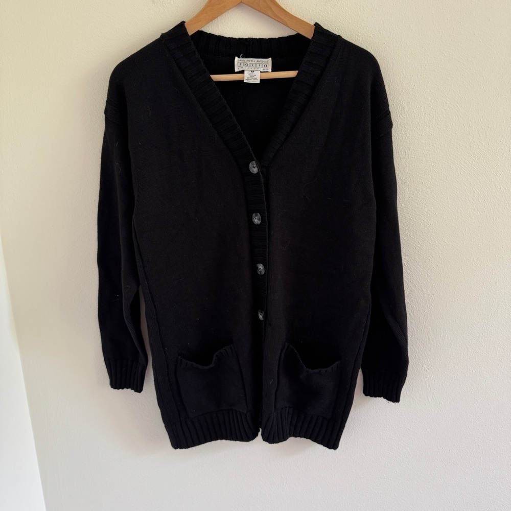 Saks Fifth Avenue Cardigan Sweater M Black 100% Extra Fine Merino Wool